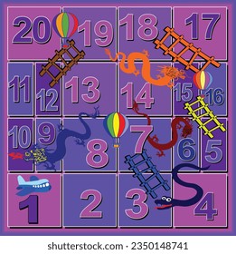 Snake and ladder 20 steps board game for kids on light purple background. Ready to print