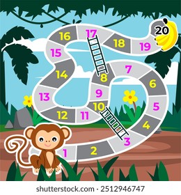 Snake and ladder board game with background cartoon monkey in jungle