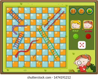 Snake and ladder game with boy and girl in background illustration