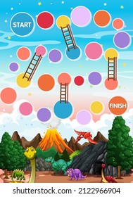 Snake ladder game template with dinosaur theme illustration