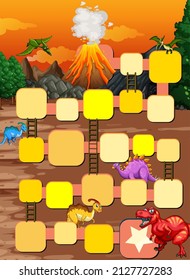 Snake ladder game template with dinosaur theme illustration