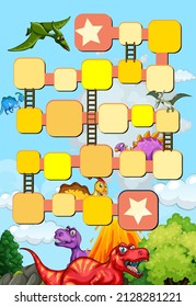 Snake ladder game template with dinosaur theme illustration