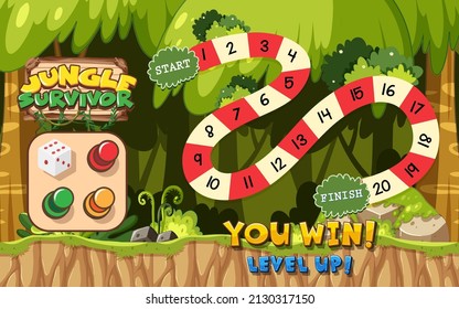 Una plantilla de juego de escalera de serpiente en la ilustración de fondo forestal