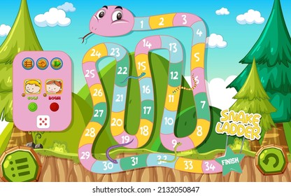 A snake ladder game template in forest background illustration