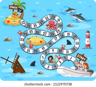 Snake ladder game template with ocean theme illustration