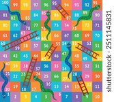 Snake ladder. Snakes ladders board game template, children puzzle play fun competition gaming exercise toy dice on abstract number stage finish start, ingenious vector illustration original artwork