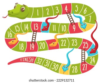 Snake and ladders game. Level grid board with cute color snakes for kids games, fun to play labyrinth vector Illustration. Logic competition, path with numbers and colorful reptiles