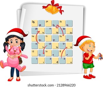 Snake and ladders game template with Christmas theme illustration