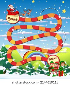 Snake and ladders game template with Christmas theme illustration