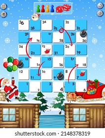 Plantilla de juego Snake and ladders en la ilustración del tema de Navidad
