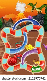 Snake and ladders game template in dinosaur theme illustration