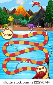 Snake and ladders game template in dinosaur theme illustration