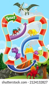 Snake and ladders game template in dinosaur theme illustration