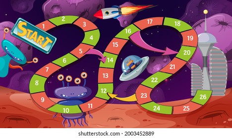 Plantilla de juego Snake and laders con ilustración de tema espacial