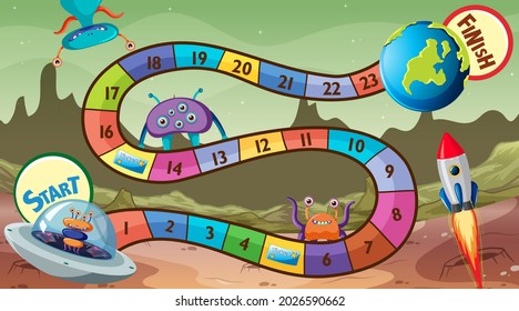 Plantilla de juego Snake and laders con ilustración de tema espacial