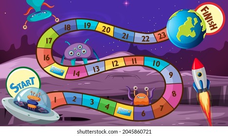 Snake and ladders game template with space theme illustration