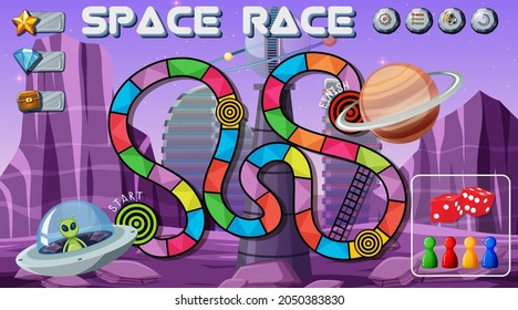 Snake and ladders game template with space theme illustration