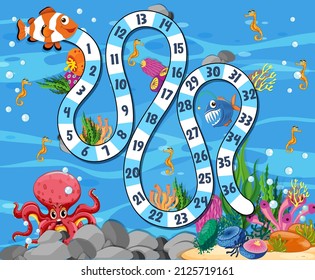 Snake and ladders game template with underwater theme illustration