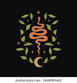 Snake with leaf branches, moon and stars on isolated background. Mystical boho vector flat illustration with serpent