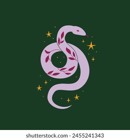 Snake with leaf branches and stars. Vector flat mystical illustration. Bohemian clipart