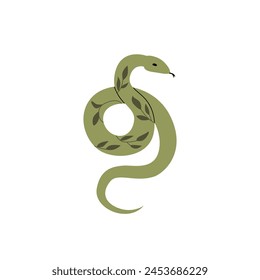 Snake with leaf branches. Vector flat illustration on isolated background. Boho witchcraft mystical clipart
