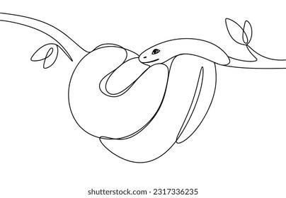 The snake lies on a tree branch. World Snake Day. One line drawing for different uses. Vector illustration.