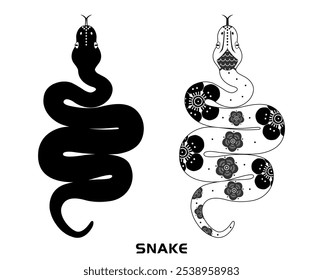 Snake Line Art. Serpente com antigo padrão de flor, linhas pretas e brancas. Desenho vetorial, contorno, símbolo, vintage, tatuagem. Ilustração de cobra isolada.