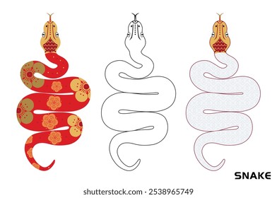 Snake Line Art. Snake with ancient flower pattern, black white and colorful lines. Vector drawing, outline, symbol, vintage, tattoo. Snake illustration isolate.