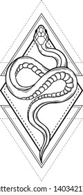 Snake line art in the frame, vector illustration isolated on white. Sketch style hand drawn. Wiccan familiar spirit, halloween or pagan witchcraft theme