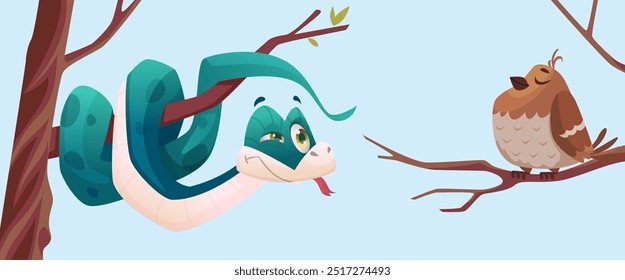 snake. lizard hunting on bird vector cartoon snake on tree