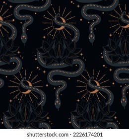 Snake with lotus. Vector hand seamless pattern in dark boho style