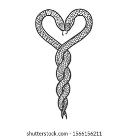 Snake love couple hug sketch engraving vector illustration. T-shirt apparel print design. Scratch board style imitation. Black and white hand drawn image.