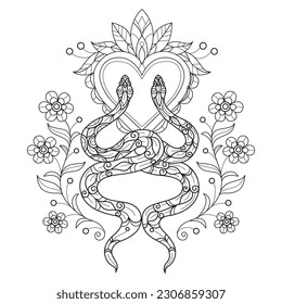 Snake love hand drawn for adult coloring book