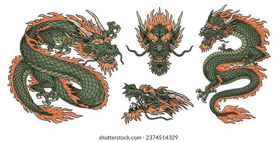 Snake lun colorful set logotypes with Chinese traditional dragon in different pose to advertise oriental culture vector illustration