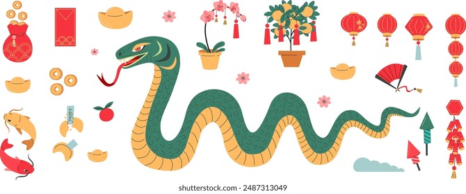 Conjunto de ilustración del año Nuevo lunar de la serpiente. Elementos del Año Nuevo chino. Serpiente verde del zodíaco chino. Paquete de Cultura Asiática. Símbolo de la buena fortuna. Vibrantes Celebraciones Año Nuevo Arte de Clip.