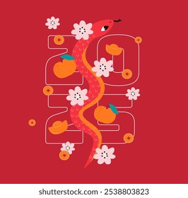 Snake Lunar New Year illustration. Chinese New Year 2025. Chinese zodiac snake on red background. 