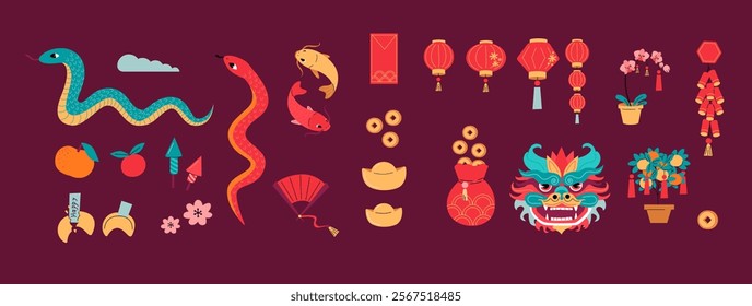 Snake Lunar New Year Illustration Set. Chinese New Year Elements. Chinese Zodiac Green Snake. Asian Culture bundle. Symbols of Good Fortune. Vibrant Celebrations New Year Clip Art.