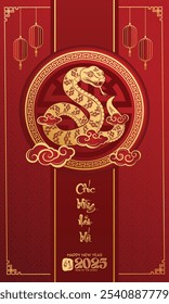 Snake Lunar New Year themed paper graphic with oriental peach blossoms and 2025 snake (Translation : Happy new year )