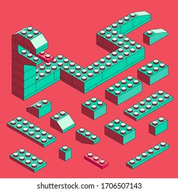 Snake made of blocks. Isometric constructor. Blocks and elements to create funny figures. Flat design.