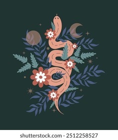 Snake magic on background of plants. Stars, sun and moon on dark background. Mystical esoteric symbols. Symbol of 2025. Serpent with celestial bodies. Modern isolated flat vector illustration.