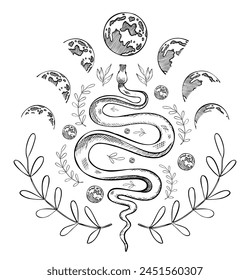 Snake und magische Symbole Vektorillustration. Zeichnung von Schlange und esoterischen Zeichen auf isoliertem Hintergrund mit schwarzen Tinten in Umrissstil für Tattoo gemalt. Himmlische magische Zusammensetzung für Drucke.