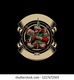 Snake with marijuana leaf with ribbon vector logo template