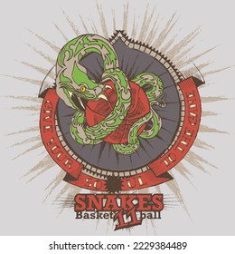 Snake mascot of a baseball team wrapped on a basketball while biting it in the center of an emblem. Animal sports illustration concept.