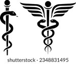 Snake medical symbol icons with stick and wings vector isolated on white background. Caduceus of Hermes healthcare flat icon for medical apps and websites.