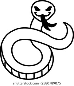 A snake with a menacing look on its face. The snake is black and white. The snake is curled up and has its tongue out