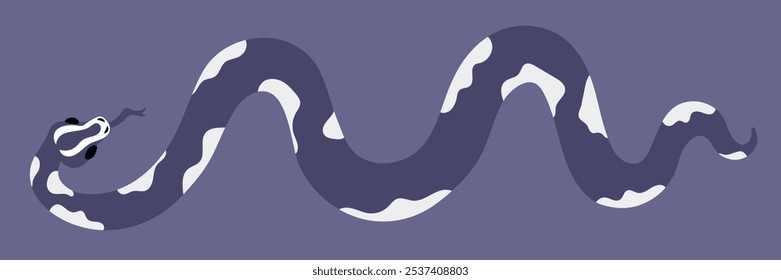 A snake with modern geometric snakeskin patterns in shades of future twilight. Minimalistic flat design with dark background. A solitary animal top view isolated in shades of blue. The sign of 2025