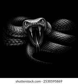 Snake. Monochrome portrait of a snake on a black background. Digital vector graphics