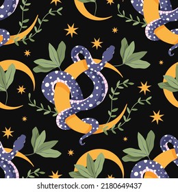 Patrón vectorial de serpiente y luna celestial negro sin costuras. Fondo de magia floral