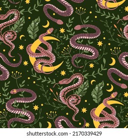 Snake And Moon Celestial Magic Vector Pattern. Spiritual Alchemy Sketch