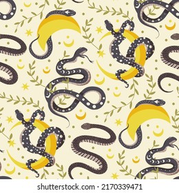 Snake And Moon Celestial Magic Vector Pattern. Spiritual Alchemy Sketch